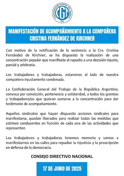 La CGT emitió este martes un comunicado