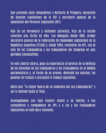La CGT publicó un comunicado despidiendo al sindicalista muerto