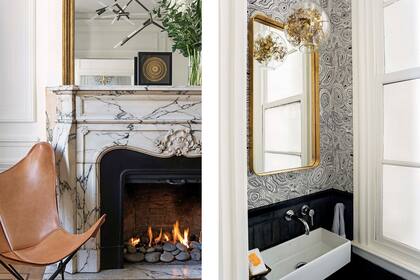 La chimenea enmarcada en mármol Arabescato antiguo se modernizó con un sistema a gas. El toilette se renovó reemplazando cerámicos originales por calcáreos ‘Piano’ de Noi Estudio combinado con un papel inglés de Cole and Son. Espejo de Negro House Pleasures.