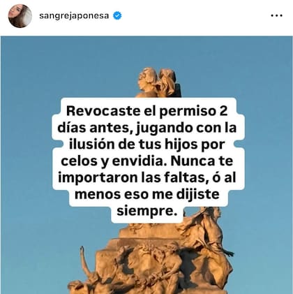 La China en su descargo contra Vicuña sostuvo: "Revocaste el permiso 2 días antes, jugando con la ilusión de tus hijos por celos y envidia"