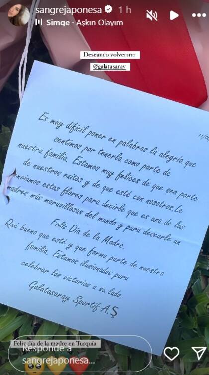 La China Suárez agradeció la carta que le envió el Galatasaray