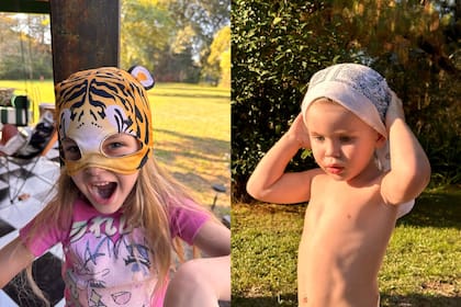 La China Suárez mostró a sus hijos Magnolia y Amancio Vicuña jugando con máscaras y pañuelos en el jardín de su casa