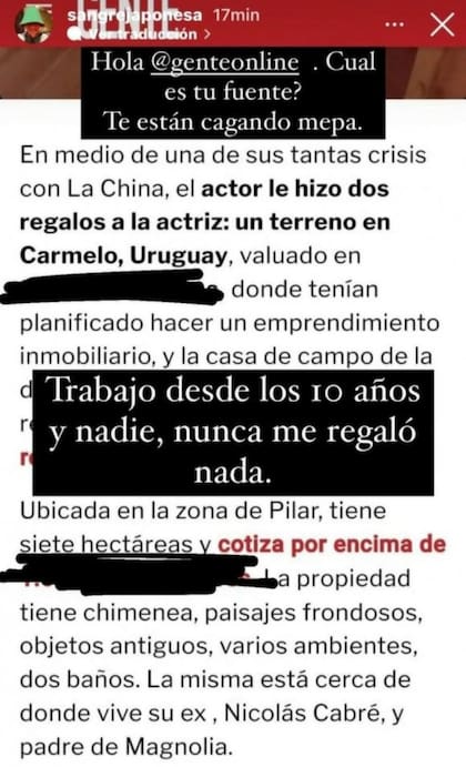 La China Suárez respondió a los rumores que sostienen que Benjamín Vicuña le regaló dos terrenos y una casa