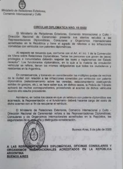 La circular de Cancillería que difundió el gobierno de la Ciudad