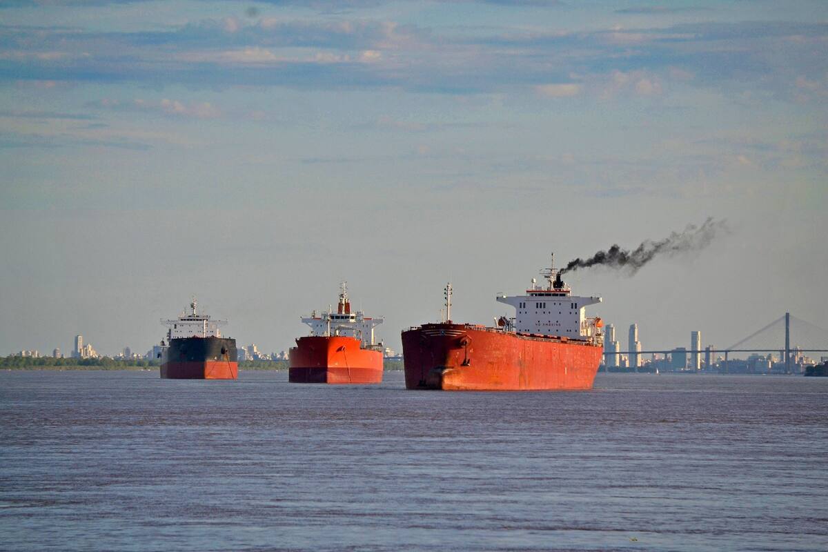 La ciudad de Rosario, Santa Fe, es el marco para una vista del tres buques de carga sobre el Paraná