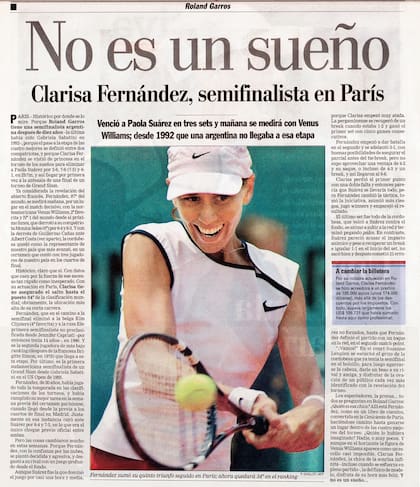 La cobertura de LA NACION Revista en Roland Garros 2002, con Clarisa Fernández como revelación y protagonista de tapa
