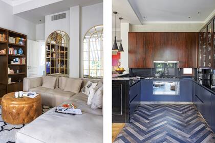 La cocina se vincula con el living y la sala de TV y lectura (izq.) mediante una barra iluminada con lámparas colgantes (Créole) Muebles (Cucina Montabile) con mesada de granito (Marmolería Gallus).