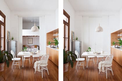 La cocina-comedor puede quedar abierta o cerrada en relación al living y el cuarto infantil.