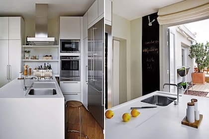La cocina, comunicada con el comedor y con acceso a la terraza, se trazó con muebles blancos con finos tiradores plateados, a tono con los artefactos de acero inoxidable empotrados y la isla central con mesada de Corian.