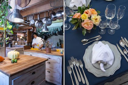 La cocina con todo lo necesario para preparar originales y exquisitos platos gourmet. Valeria a cargo del almuerzo del día: flores de calabaza rellenas. Con cita previa, se preparan deliciosos almuerzos con verduras frescas y productos elaborados in situ.