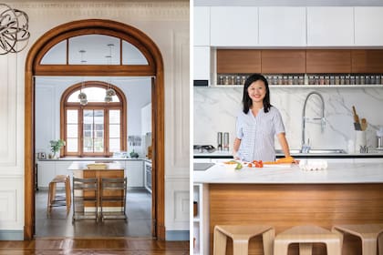 La cocina de 21m2 fue reformada por la arquitecta Maite Goicochea. Lámparas colgantes y de techo (Milamp Centro de iluminación).