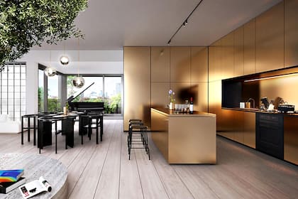 La cocina de acero y el piano de fondo en el render que el arquitecto imaginó y ubicó para Elton en ese rincón
