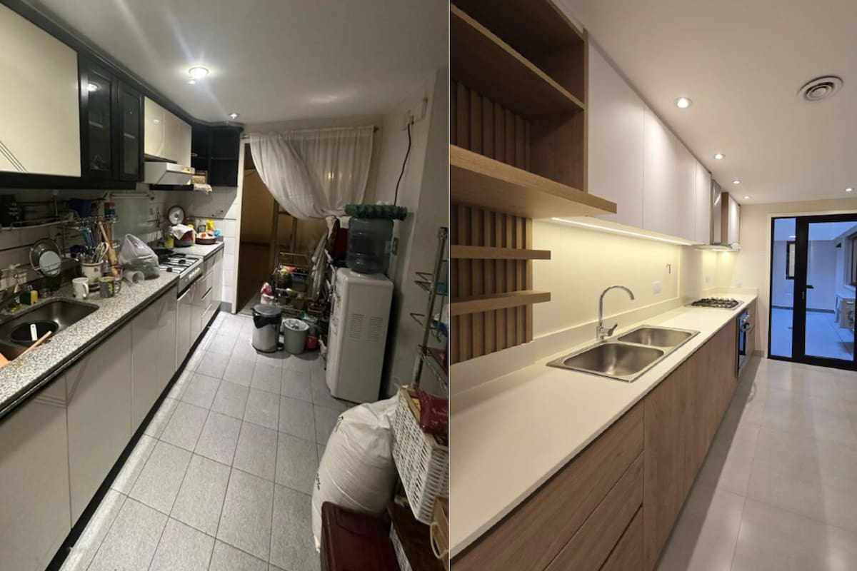 La cocina del departamento de Miró al 500, antes y después de las obras previas a que lo compre Adorni