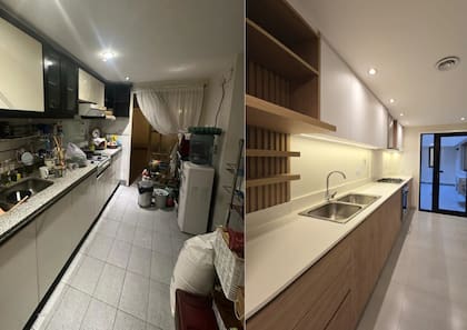 La cocina del departamento de Miró al 500, antes y después de las obras previas a que lo compre Adorni