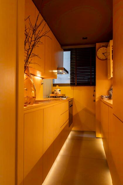 La cocina está íntegramente revestida en madera, con electrodomésticos panelables y luz difusa.