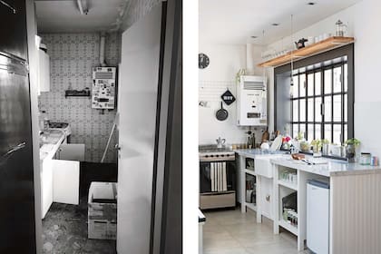 ANTES: Una cocina de época, cerrada, de espaldas al ventanal, con revestimiento de azulejos y el mismo piso que el resto del depto.
