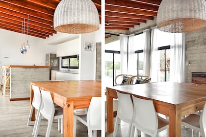 La cocina, práctica y funcional tiene muebles de melamina blancos y barra de hormigón con tapa de pino tea. Mesa y lámparas colgantes (El Viejo Taller). Sillas Paris (Mascardi).