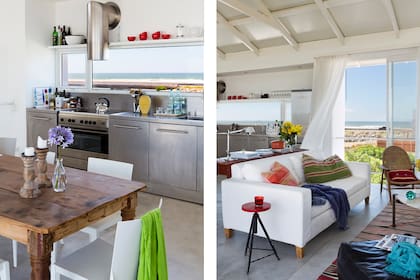 La cocina tiene muebles de acero inoxidable y un paño fijo apaisado que enmarca el paisaje infinito del Atlántico. "Es una ubicación genial: está sobre la laguna en un ángulo que mira de lleno a la puesta de sol".
