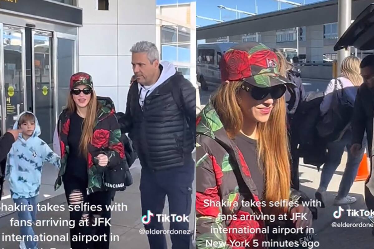 La colombiana arribó al aeropuerto de Nueva York con una gran sonrisa y de la mano de sus hijos