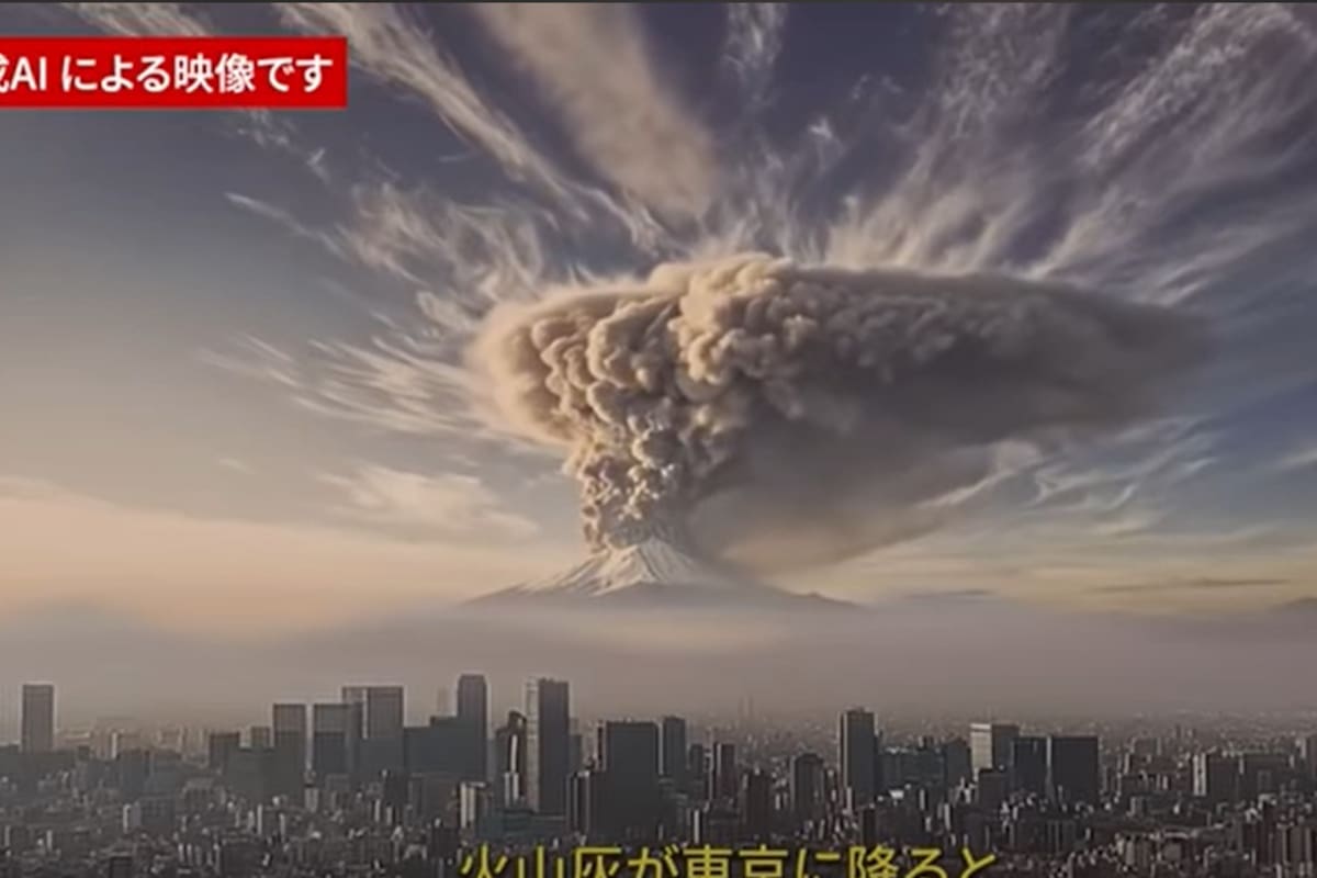 La columna de cenizas que desprendería el Monte Fuji si hiciera erupción (Imagen generada con inteligencia artificial)