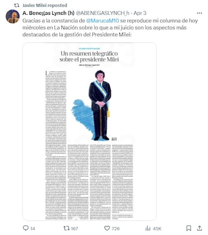 La columna que compartió Milei.