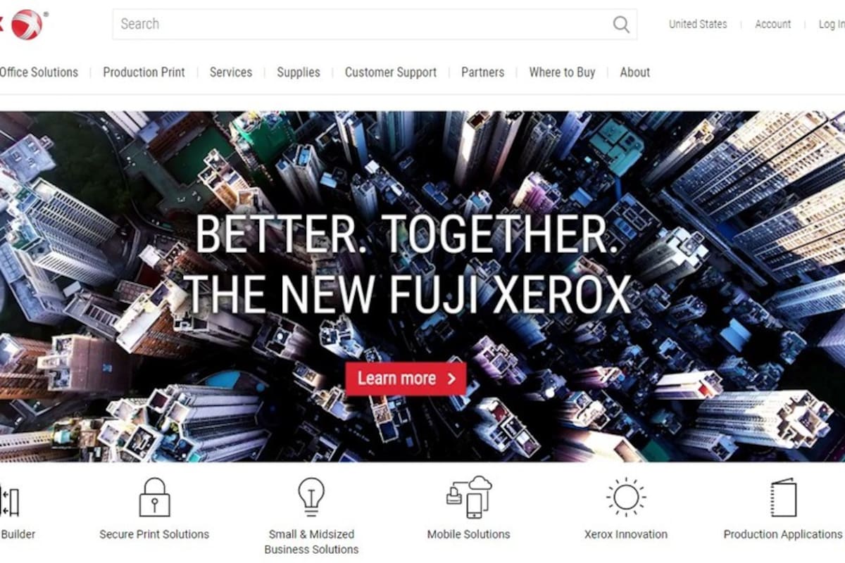 La combinación (como la denominan desde Xerox) con Fujifilm, en la portada del sitio del inventor de la fotocopia; el auge y caída de los colosos tecno parece ser una constante