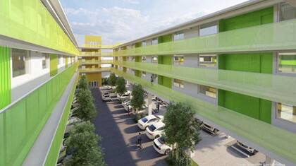 La combinación de colores vibrantes de las pasarelas y los edificios comerciales añade un toque local al conjunto arquitectónico, que recuerda a los edificios residenciales y moteles de Miami Beach de los años 50