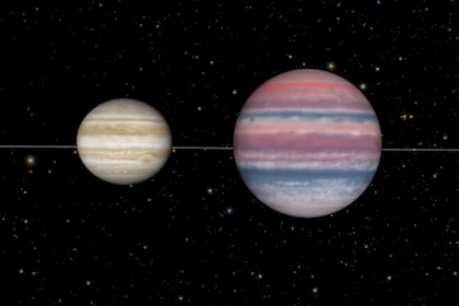 La comparación del tamaño de Beta Pictoris b con Júpiter evidencia la magnitud del exoplaneta