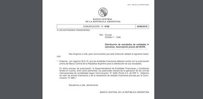 La comunicación A 6768 del Banco Central que estableció las nuevas regulaciones para el giro de utilidades de los bancos