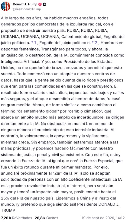 La comunicación de Trump fue difundida el sábado a través de Truth Social
