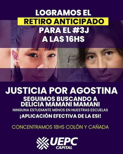 La comunidad educativa de la institución donde cursaba Agostina convocó a participar activamente de la marcha de Ni Una Menos que se hará este miércoles a lo largo de todo el país
