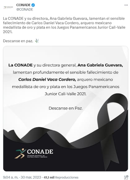 La Conade lamentó la muerte de Carlos Vaca a través de sus redes sociales