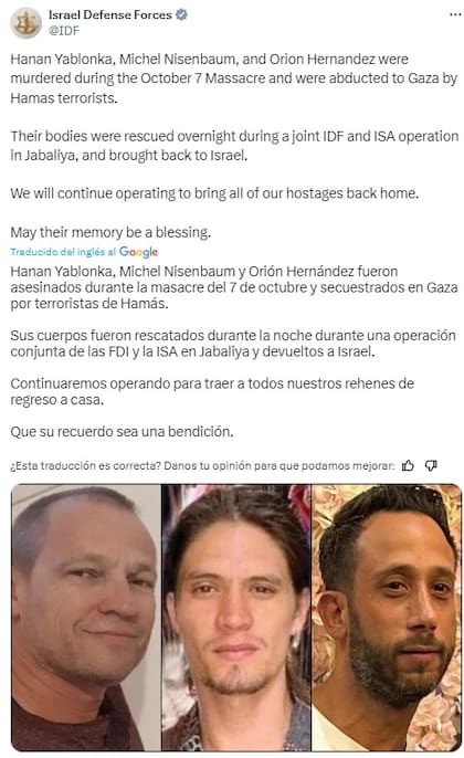 La confirmación de las IDF acerca de la recuperación del cadáver de Orión Hernández-Radoux