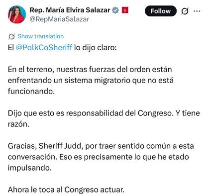La congresista María Elvira Salazar respaldó la postura del sheriff Grady Judd y calificó de "sentido común" el pedido de frenar las deportaciones masivas de no criminales.