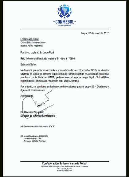 La Conmebol le comunicó a Independiente la ratificación del positivo