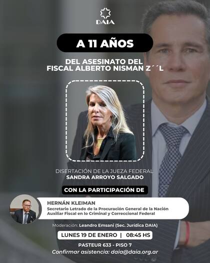La convocatoria de la DAIA a la disertación de la jueza Arroyo Salgado en el edificio de la AMIA