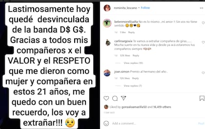 La corista compartió en Instagram un comunicado sobre su decisión de abandonar la banda