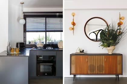 La cortina roller negra sigue la línea de los cerramientos. Mueble combinado de los años 50 (recuperado por Muebles Compadritos), espejo que Carla recibió como regalo familiar y apliques de pared (Landmark).