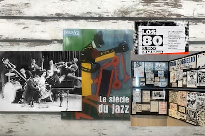 La Creole Jazz Band de King Oliver, catálogo de la muestra Le siècle del jazz (París, 2009) e imágenes de la exposición Los 80, en el Museo Histórico Nacional.