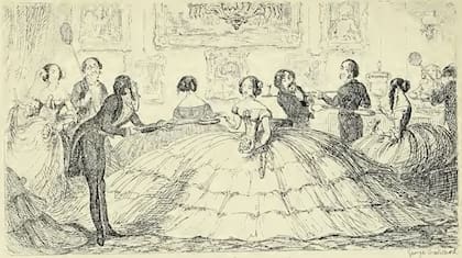 "A Splendid Spread", sátira de una de las primeras versiones inflables (tubo de aire) de la crinolina, de George Cruikshank, de The Comic Almanack, 1850.