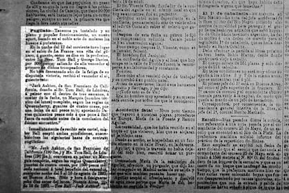 La crónica del triunfo del inglés Tom Ball sobre su compatriota George Davies, el 12 de julio de 1892, reflejada en las páginas de La Nación.
