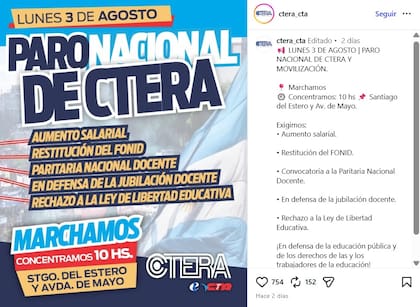 La Ctera convocó a un paro nacional docente