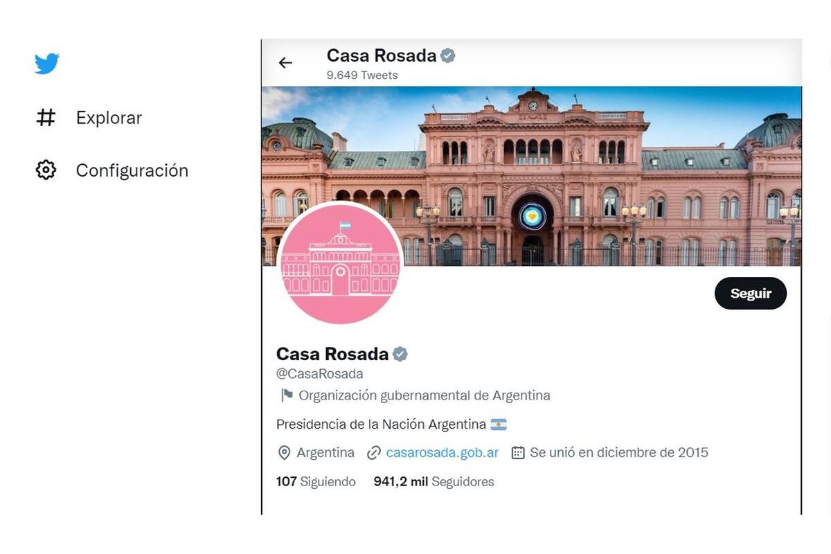 La cuenta de la Casa Rosada en Twitter, creada por Cambiemos cuando el gobierno saliente se apropió de la que había sido la oficial hasta ese momento. La fecha de creación es elocuente: diciembre de 2015