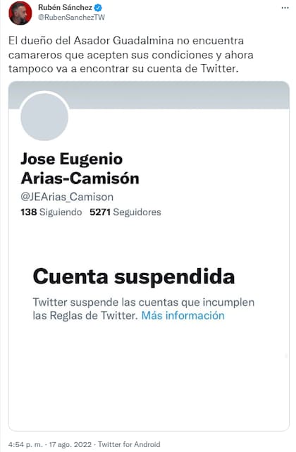 La cuenta de Twitter de José Eugenio Arias-Camisón fue suspendida