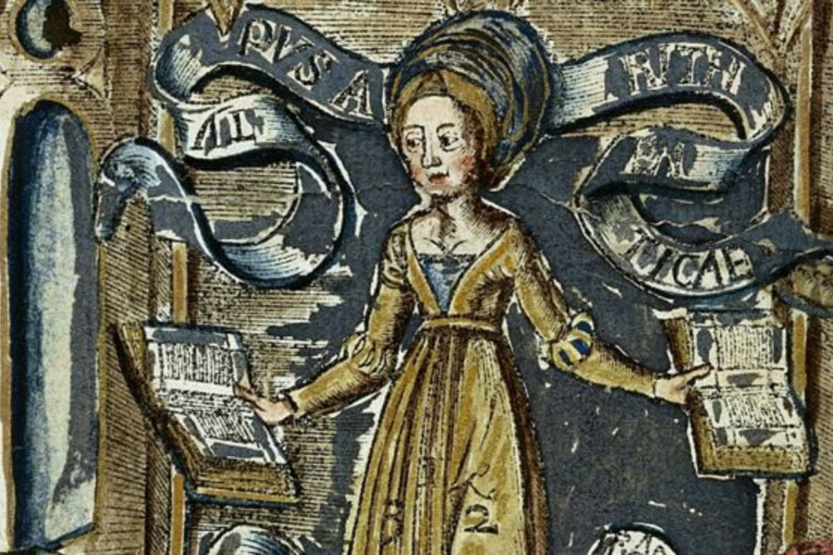 La dama de la Aritmética en una xilografía coloreada a mano de Margarita Philosophica (La perla filosófica), de Gregor Reisch (1467? -1525)
