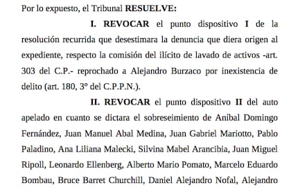 La decisión de la Sala I de la Cámara de Apelaciones en lo Criminal y Correccional de revocar el sobreseimiento dictado por el juez Daniel Rafecas a tres ex jefes de Gabinete del segundo gobierno de Cristina Fernández de Kirchner: Aníbal Fernández, Juan Manuel Abal Medina y Jorge Capitanich.