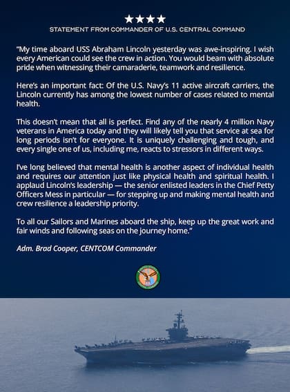 La declaración de Brad Cooper tras visitar el USS Abraham Lincoln