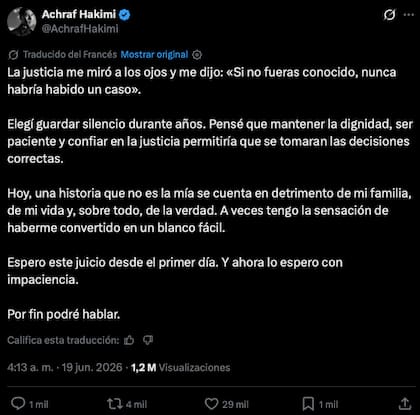 La declaración de Hakimi en X tras la decisión judicial