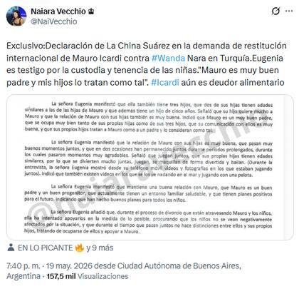 La declaración de la China Suárez (Foto: X @NaiVecchio)