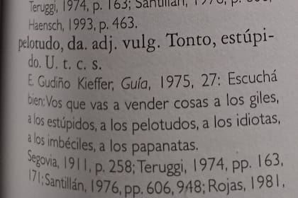 La definición de la palabra "pelotudo" en el Diccionario del Habla de los Argentinos